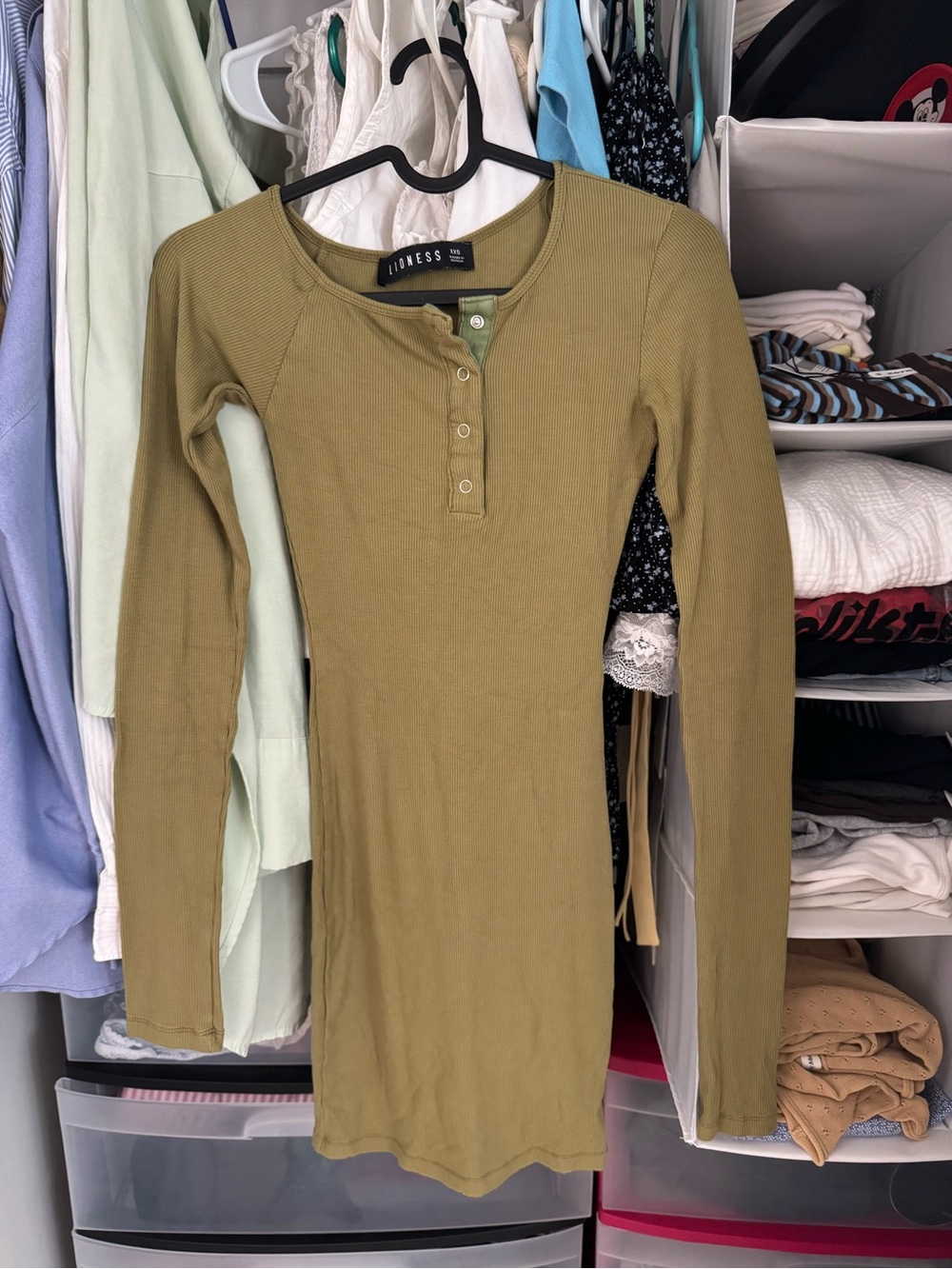 Lioness- Ribbed Henley Long Sleeve midi dress